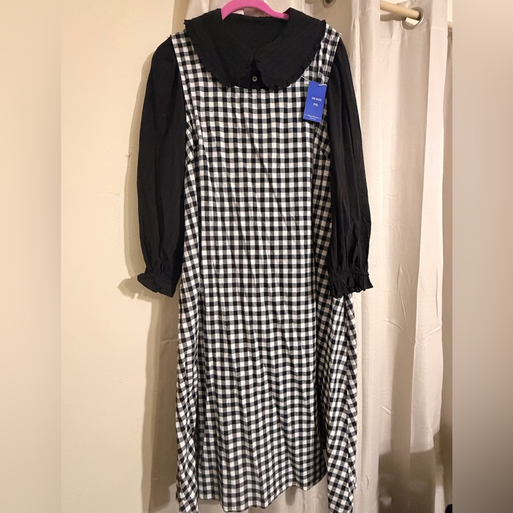 Black and White Gingham Dress with Black Blouse